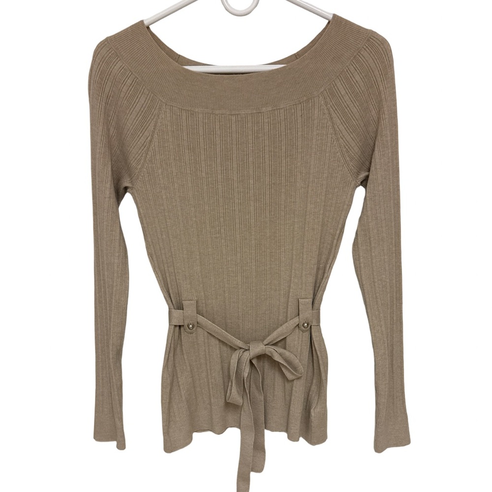 White House Black Market Ribbed Knit Sweater with Tie Waist Women’s Medium Tan